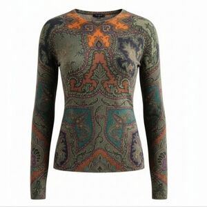 ETRO Milano Silk Cashmere Printed Paisley Sweater Size IT 50 | US 14 Boho Luxe